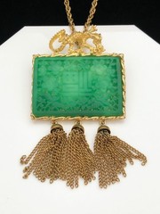 Vintage 1960s Signed HATTIE CARNEGIE Dragon & Faux Jade Tassel Necklace Brooch