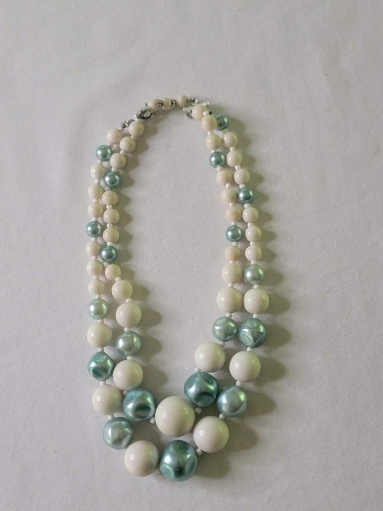 Vtg Aqua Blue & White Lucite Beaded Choker Necklace Signed Japan