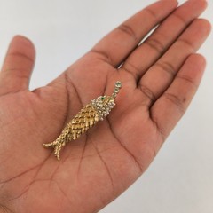 Vintage Fish Brooch Faux Pearl Green Rhinestone Gold Tone Figural Nautical Pin