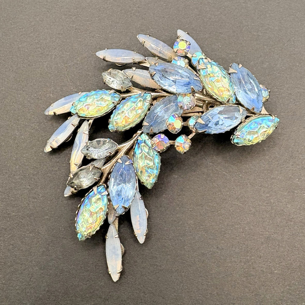Vintage Light Blue AB Aurora Borealis Crystal Moonstone Glass Navette Brooch