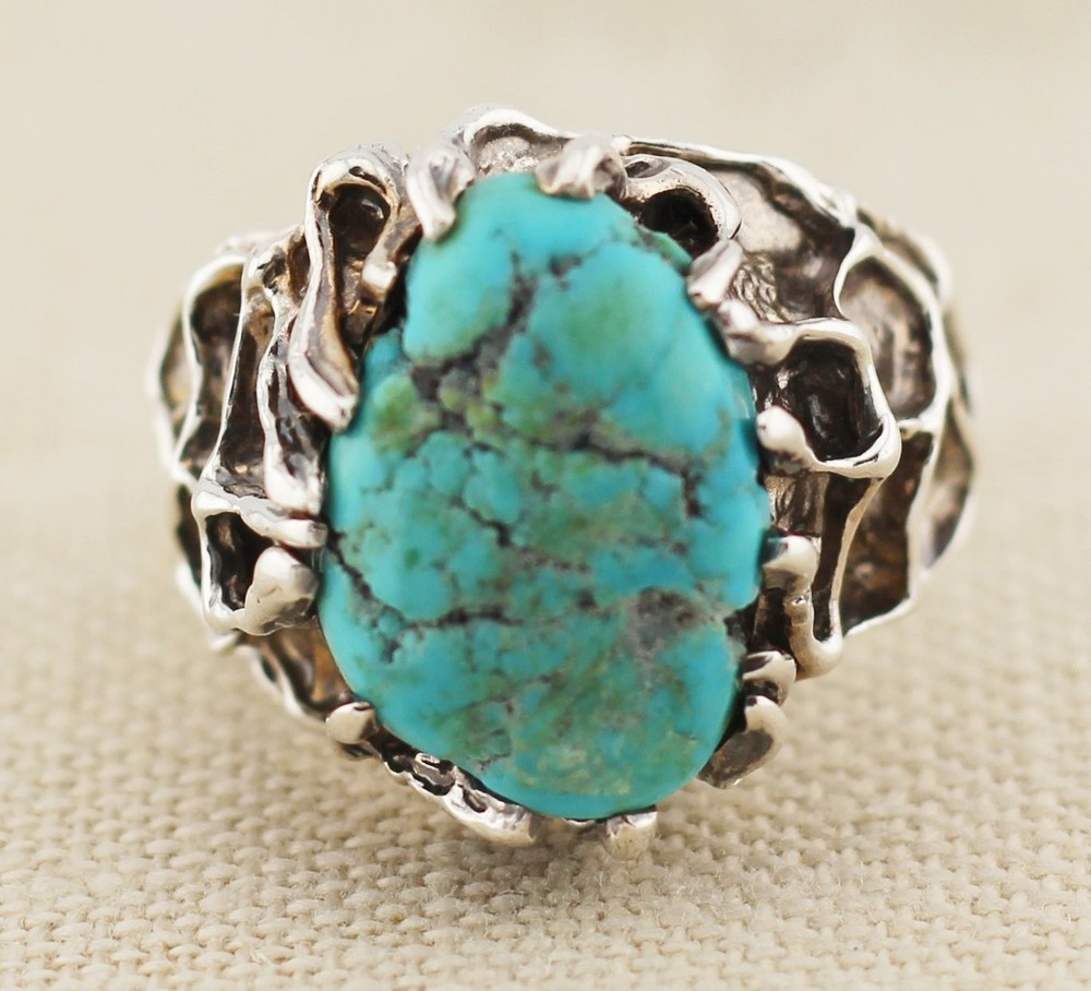 Vintage Hundred Sterling Silver Turquoise Ring Size 11.25