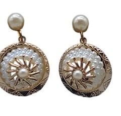 Vintage Pinwheel Faux Pearl Drop Screw Back Earrings Dangle Etched Gold Plated