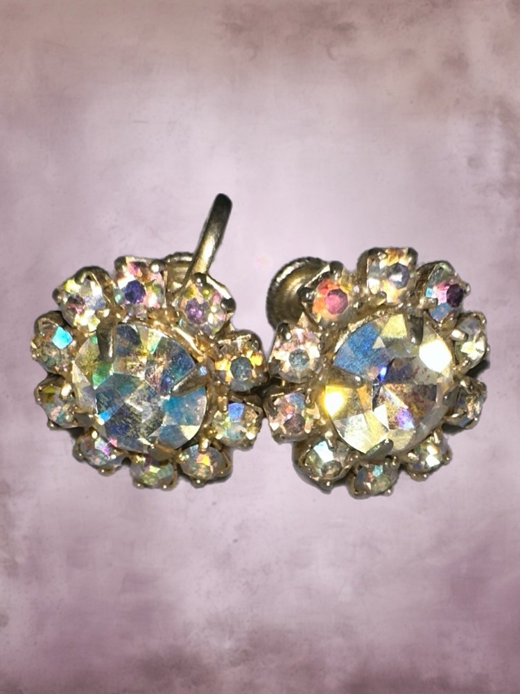 Vintage Aurora Borealis Sparkle Cluster Gold Tone Statement Screw Back Earrings