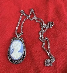 Vtg Blue White Cameo Lady Portrait Pendant Necklace Silver Tone Filigree 18”