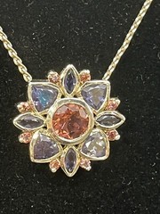 925 Sterling Silver 18” Necklace Flower Pendant Pink & Violet Rhinestones 9.3g