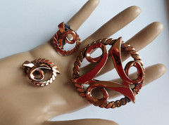 Copper Jewelry Set Modernist Pin Earrings Mid Century Abstract Design Vintage
