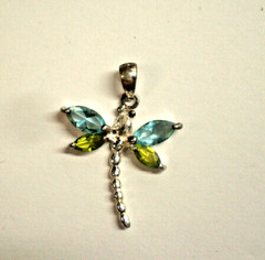 Sterling Silver 925 Dragonfly blue & yellow stones CZ 22mm L x 21mm W