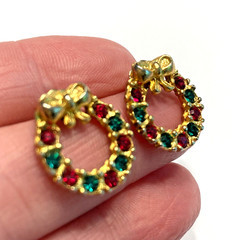 Christmas Holiday Pierced Earrings Red & Green Rhinestones Small Gold Wreaths