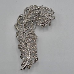 Vintage Feather Brooch Rhinestone Silver Tone Art Deco Style Pin Jewelry Stement