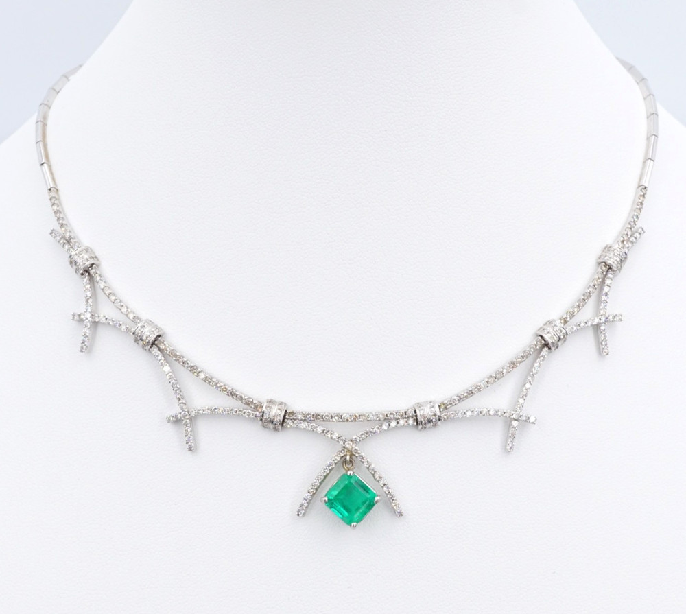 Vintage 2.5ct Columbian Emerald Diamond Bib Necklace 14k White Gold 16″ NG1976