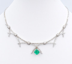 Vintage 2.5ct Columbian Emerald Diamond Bib Necklace 14k White Gold 16″ NG1976