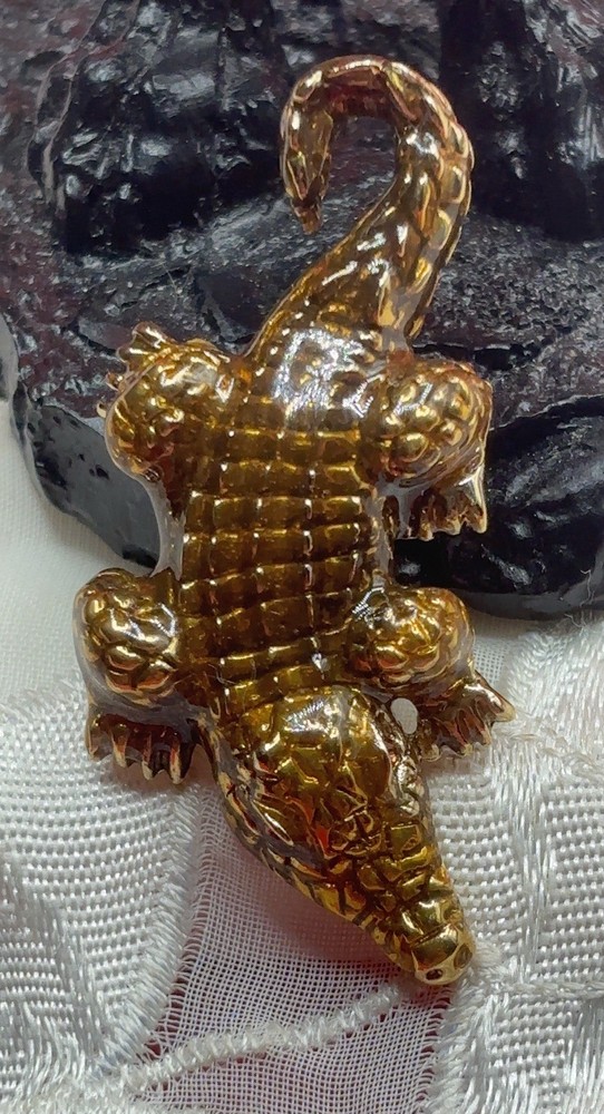 1990s St. John Gold Yellow Brown Enamel Alligator Brooch or Pin
