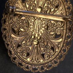 Vintage West Germany Topaz Rhinestone Cameo Filigree Pin Brooch