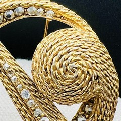 Florenza Vintage Gold Tone Rhinestone Orbit Swirl Brooch Textured 3” Modernist