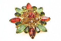 Spectacular Vintage Green Orange Navette Tri-Color Rhinestones Glass Brooch