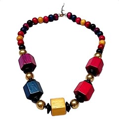 Vintage Natural Wood Bead Necklace Multicolor Chunky Statement Boho Artisan 14In