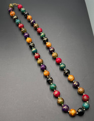 Vintage Wooden Bead Necklace Colorful Hand Painted Gold Accents Boho Artsy 30in
