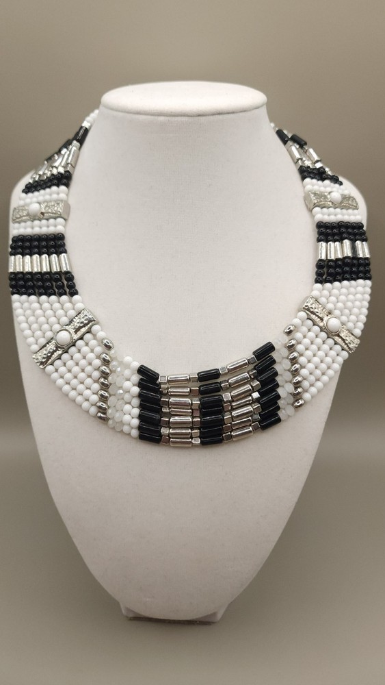 Vintage Black White Beaded Collar Choker Necklace Multi Strand Art Deco 80s 90s