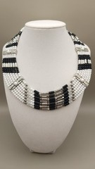 Vintage Black White Beaded Collar Choker Necklace Multi Strand Art Deco 80s 90s