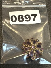 Vintage Faux Amethyst Guilloche Enamel Rhinestone FLOWER Shaped Pin Brooch