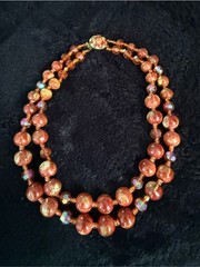Vintage West Germany Glass Bead Necklace Pink Orange AB Crystal Double Strand
