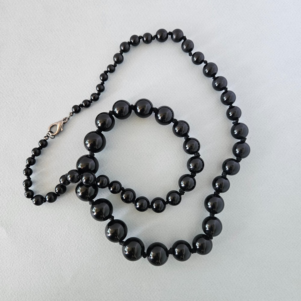 36″ Long Graduated Black Individually Knotted Bead Necklace