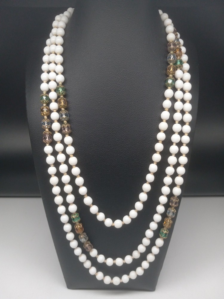 VINTAGE White Glass & Multicolor Crystals Hand Knotted 60 in beaded Necklace