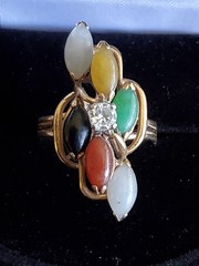 Vintage 14K 585 Yellow Gold Multi-colored Jade & Diamond Ring Size 7.75 5.1g