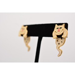 Vintage Cat Earrings Back Front Cool Off White Black Spotted Enamel 1990s BinH