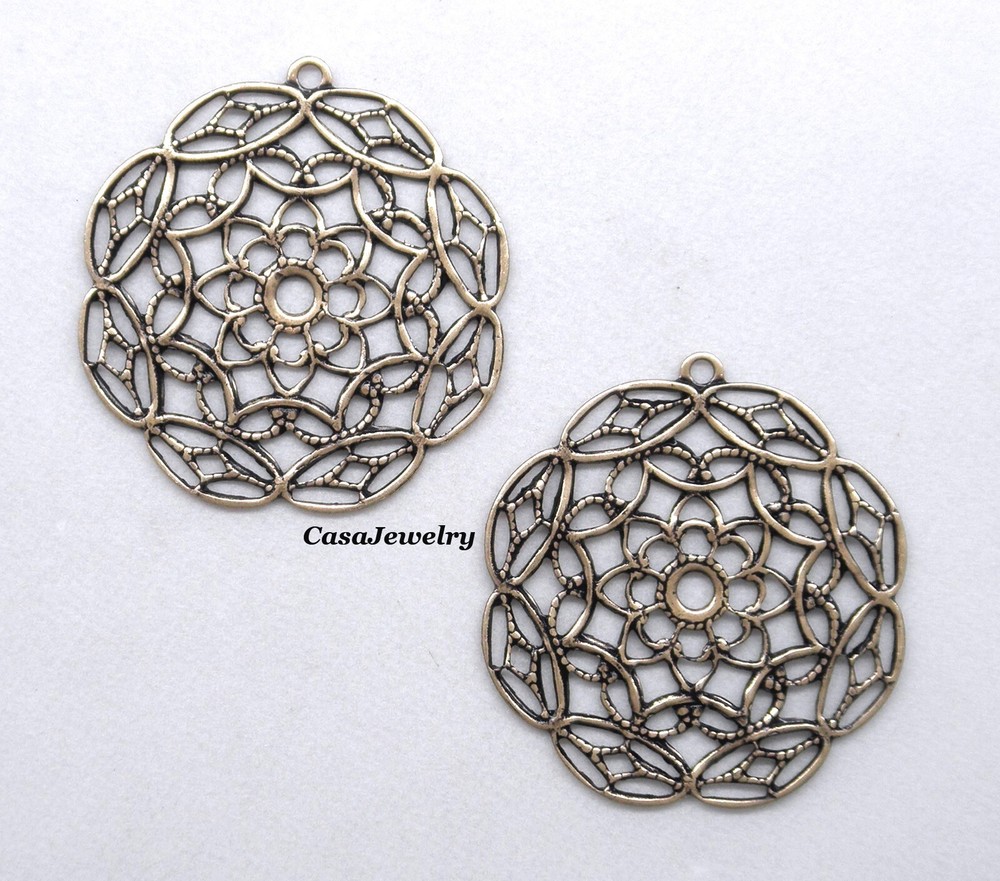 #0475 ANTIQUED GOLD OPEN FILIGREE W/TOP HANG RING – 2 Pc Lot