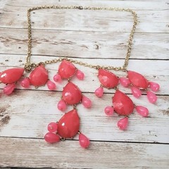 Vintage Necklace Long Statement Pink & Gold Tone