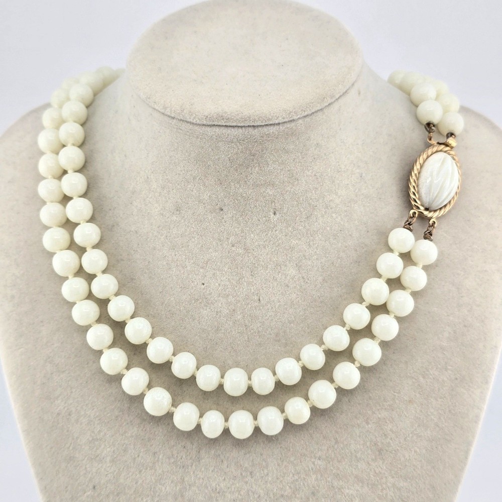 Vintage Marvella Signed Double Strand White Glass Beaded Necklace Hand-Knotted
