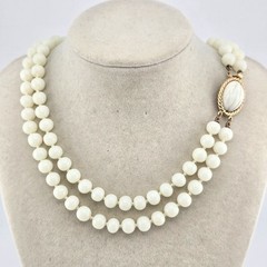 Vintage Marvella Signed Double Strand White Glass Beaded Necklace Hand-Knotted