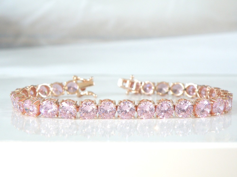 Vintage Sterling Silver 925 RoseGold on Large Pink Gemstone Tennis Bracelet 7.5″
