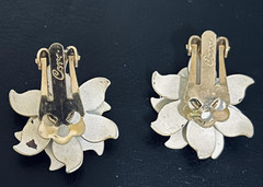 Vintage Coro Caramel Enamel Flower Clip On Earrings Gold Tone 1950s Signed