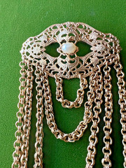 Stunning, Dangle Drop Multi-Chain, Faux Pearl Pin Brooch, Antique Gold Tone