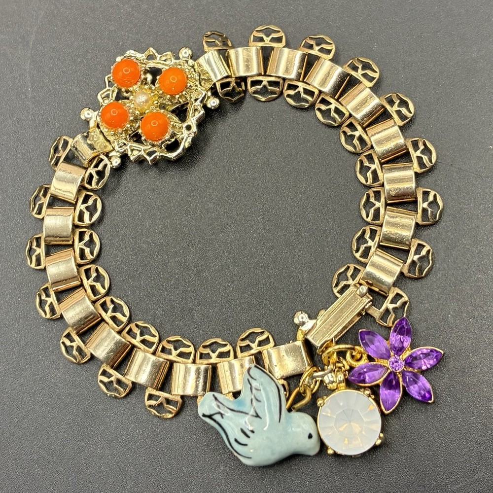 Vintage Opalite, Vtg Purple & Bluebird Charms on Vintage Book Chain Bracelet