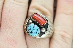 VINTAGE MEN’S INDIAN NATIVE AM STERLING SILVER 925 TURQUOISE CORAL RING 11.75