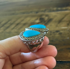 Marcasite Sterlling Silver Chunky Ring, Double Teardrop Turquoise Stone Ring