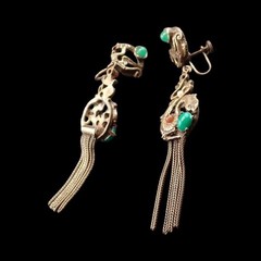 Antique Asian Dragon Jade Carnelian Cabochon Dangle Screw Back Tassel Earrings