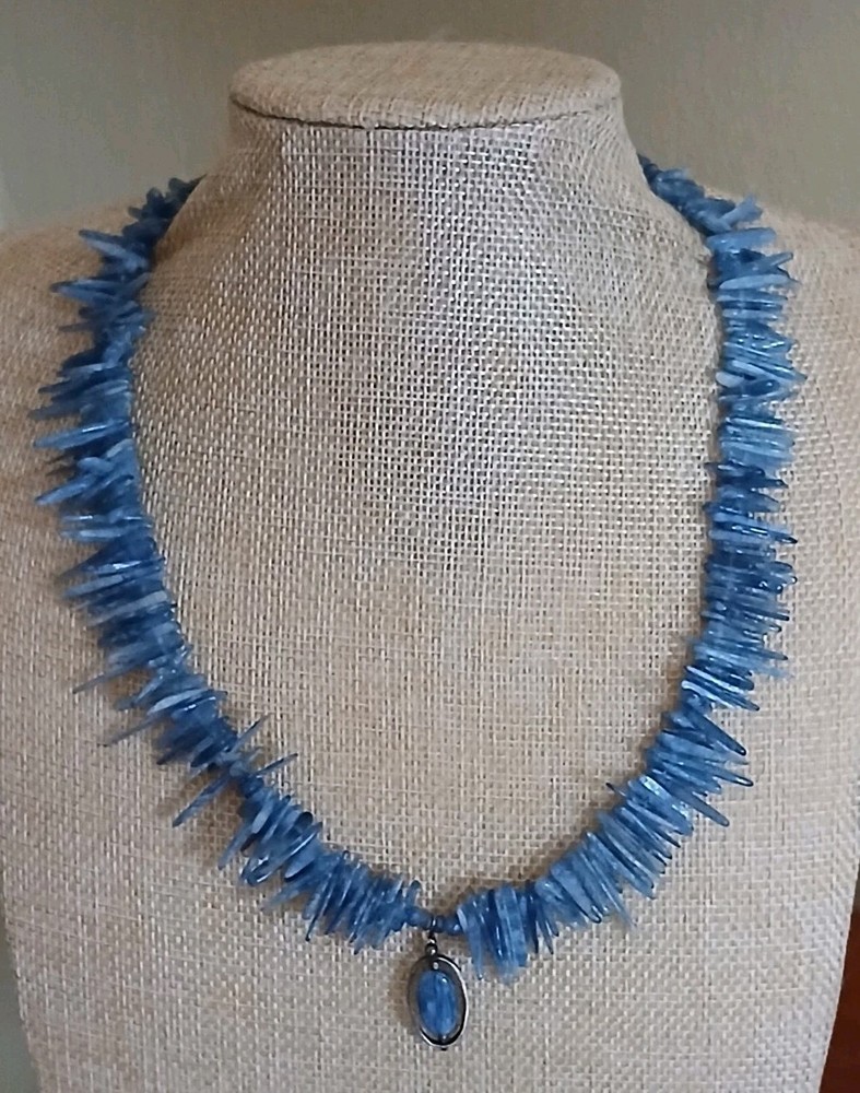 Vtg Natural Raw Blue Kyanite Stick Beaded Sterling Silver Necklace Pendant 19″