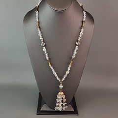 Vintage AB Glass Beaded Tassel Necklace Earrings Set Gold Tone Bar Links 26″