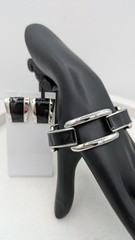 Vintage MONET Bracelet Earrings Set Black Enamel Silver Tone Modernist Demi Paru