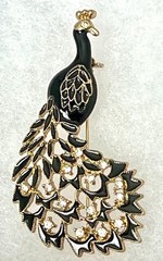 Vintage Enamel Rhinestone Peacock Era Brooch Gold Tone Black Gold Tone Bird Pin
