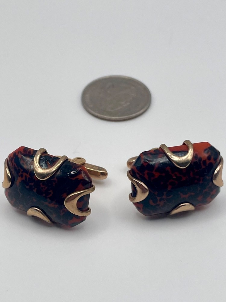 Vintage Hickok Gold Tone Tortoiseshell Glass Cufflinks Mid Cent. Red Black Claw