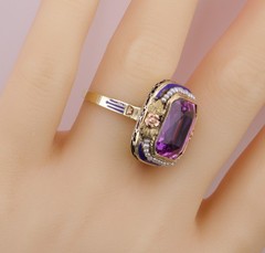 Spectacular Antique 14K Pink Sapphire and Enamel Ring 8.8 Grams Size 7-1/4