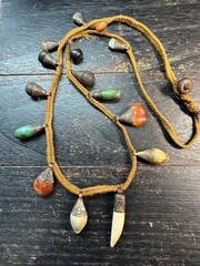 Vintage Himalayan Tribal Amulet Necklace, Boho Shell & Stone Charm, 32″