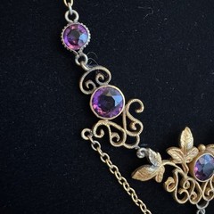 Vintage 12K GF Art Nouveau Revival Festoon Necklace Purple Glass Ivy Leaves