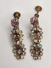 Vintage Light Purple Lilac & AB Rhinestone Necklace & Screwback Earrings Set