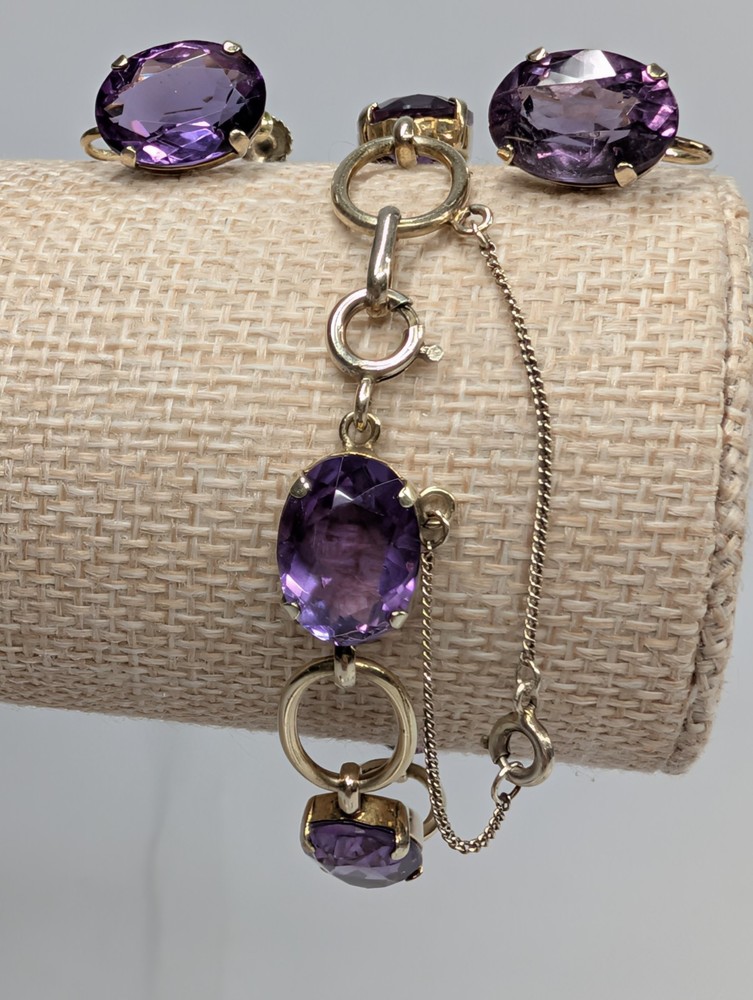 835 Silver Amethyst Bracelet Earring Set 7″ Mid Century Screw Back